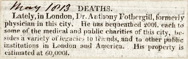 Death of Dr. Anthony Fothergill 1813