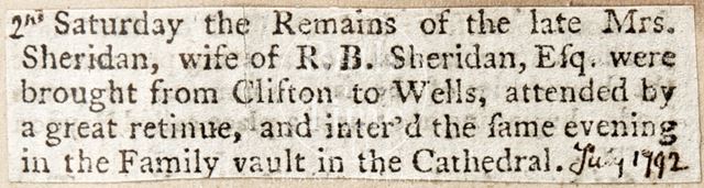 The interment of Mrs. Sheridan 1792