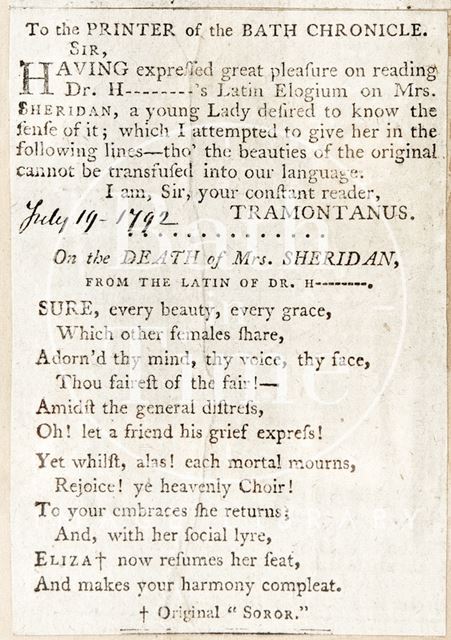 Dr. Harrington's Elogium to Mrs. Sheridan 1792