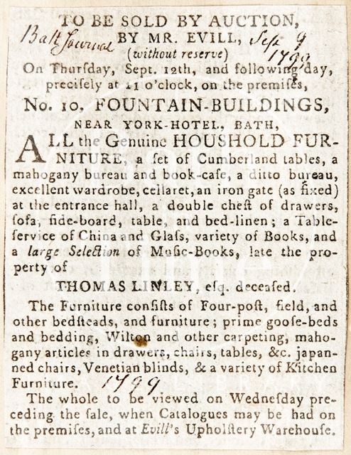 Auction of Household Furnishings, 10, Fountain Buildings, Bath 1799