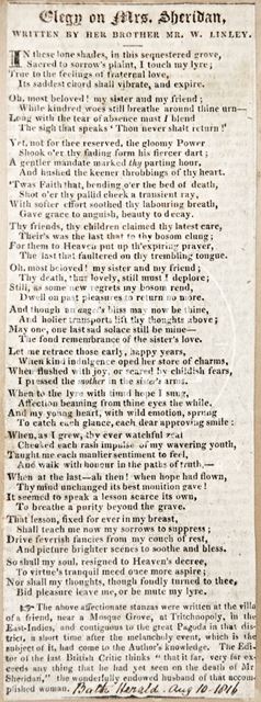 Elegy on Mrs. Sheridan, by her brother Mr. W. Linley 1816