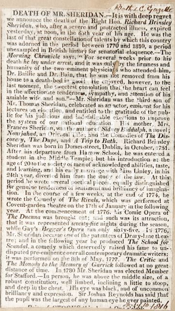 Death of Mr. Sheridan 1816