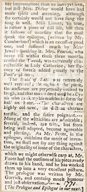 Review of the play, 'Maid of Bath' by Samuel Foote 1771 - continued