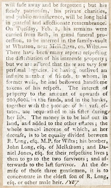 Obituary of the late Walter Long Esq. of Bath 1807