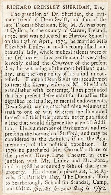 Biography of Richard Brinsley Sheridan Esq. 1792