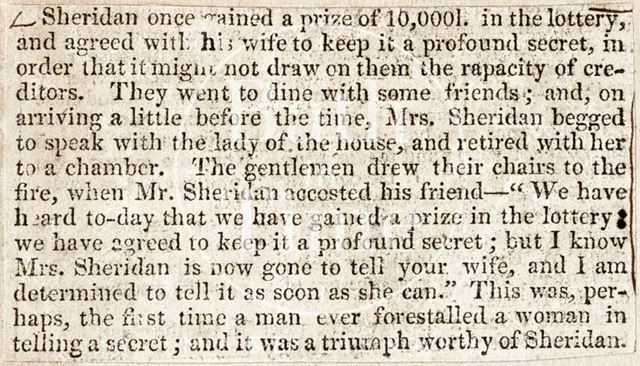 Anecdote about Richard Brinsley Sheridan and the £10,000 lottery Win c.1820