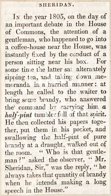 Mr. Sheridan, drinking 1/2 pint of Brandy in the House of Commons c.1850