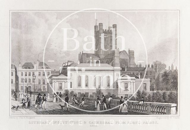 Literary Institution & Cathedral (Abbey) from North Parade, Bath 1829