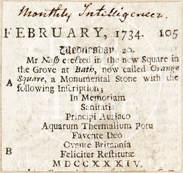 A monumental stone erected by Mr. Nash in Orange Grove, Bath 1734