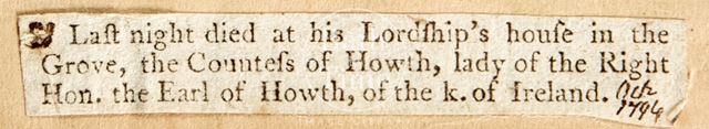 Death notice, Countess of Howth 1794