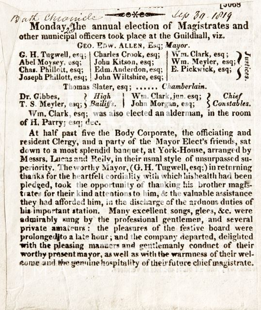 Annual Elections of Magistrates and other Municipal Officers, Bath 1819