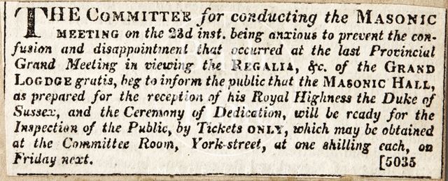 Viewing of the Regalia by public in the Masonic Hall, Bath 1819