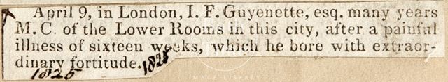 Death notice for I.F. Guyenette Esq. (1774-1825) 1825