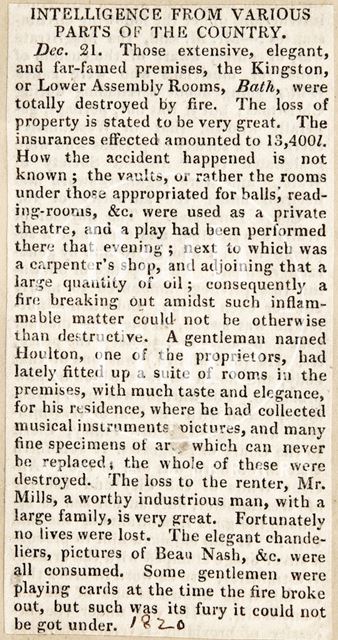 Intelligence from various parts of the country regarding the fire at the Kingston or Lower Assembly Rooms, Bath 1820