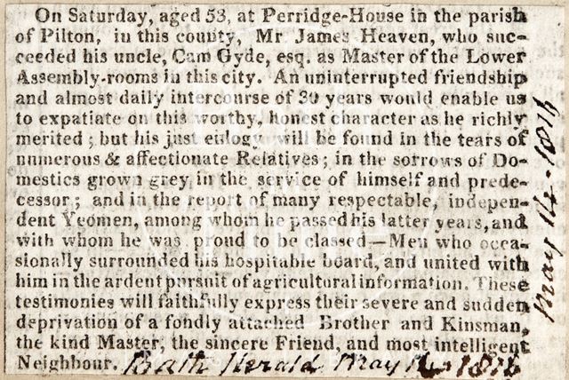 Obituary of Mr. James Heaven, Master of the Lower Assembly Rooms, Bath 1816