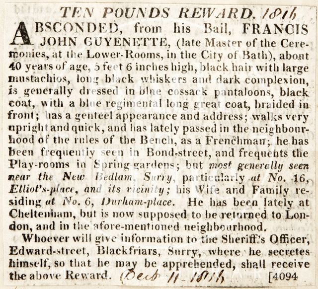 A £10 reward to find Francis John Guyenette 1816