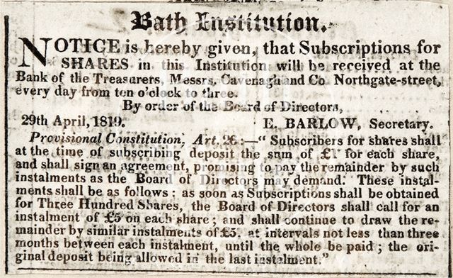 Subscriptions for shares in the Bath Literary and Scientific Institution 1819