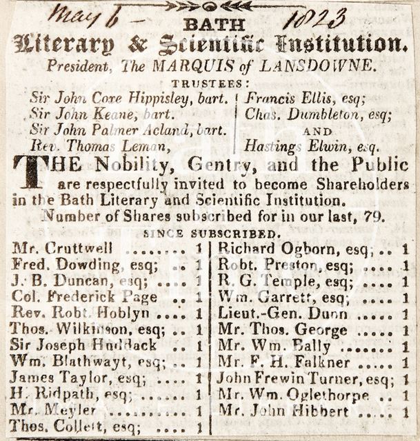 The Bath Literary and Scientific Institution, list of Subscribers 1823