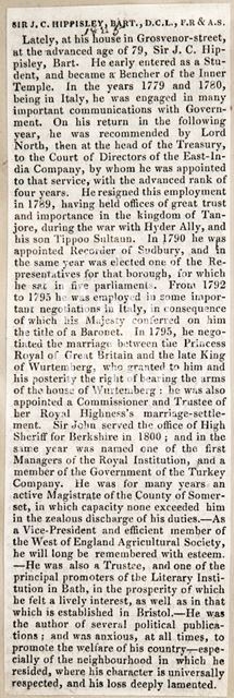 Obituary of Sir J. C. Hippisley, Bart, D.C.L., F.R. & A.S. (1745-1825) 1825