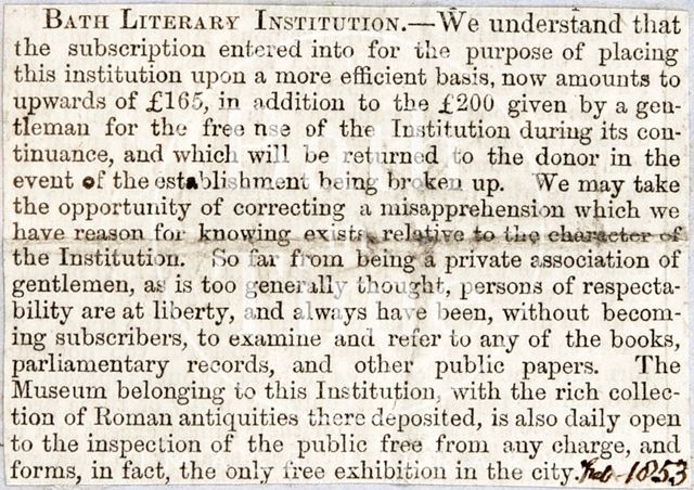 Subscriptions to the Bath Royal Literary and Scientific Institution 1853