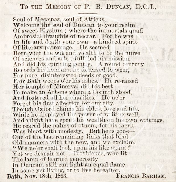 To the Memory of P.B. Duncan, D.C.L. (1772-1863) 1863