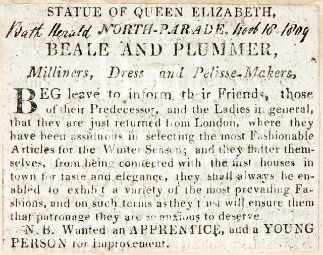 Beale & Plummer, North Parade, Bath 1809