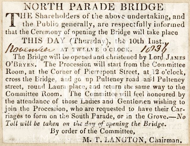 Opening arrangements for North Parade Bridge, Bath 1836