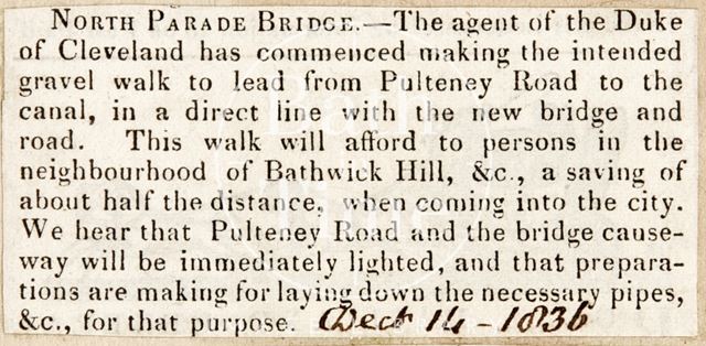 Construction of a gravel walk to North Parade Road, Bath 1836