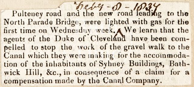 Lighting of Pulteney Road, Bath 1837