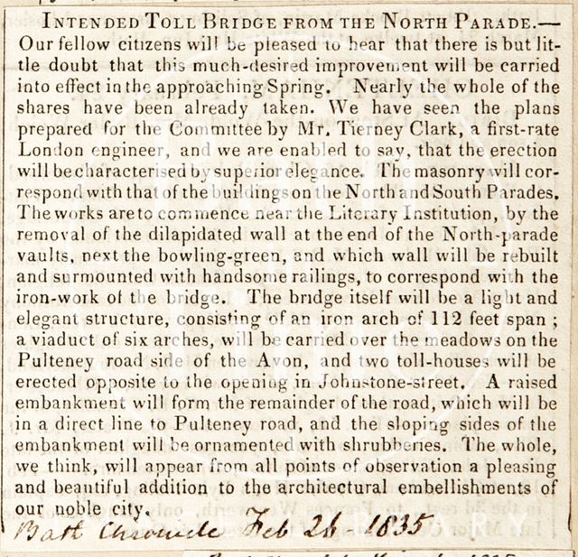 Intended Toll Bridge from the North Parade, Bath 1835