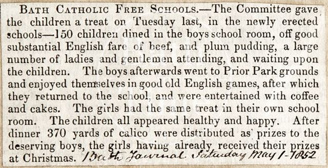 Children treated to dinner, Bath Catholic Free Schools 1852