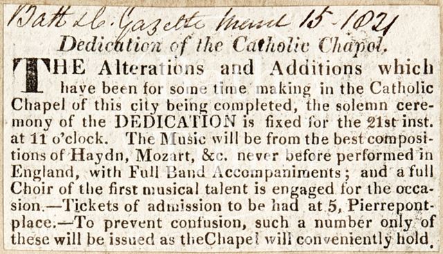 Dedication of the Catholic Chapel, Pierrepont Place, Bath 1821