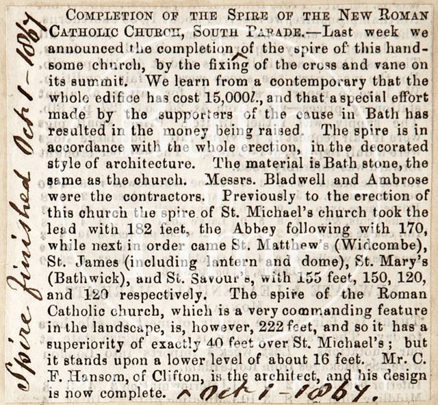 Completion of the Spire of the New Roman Catholic Church, South Parade, Bath 1867