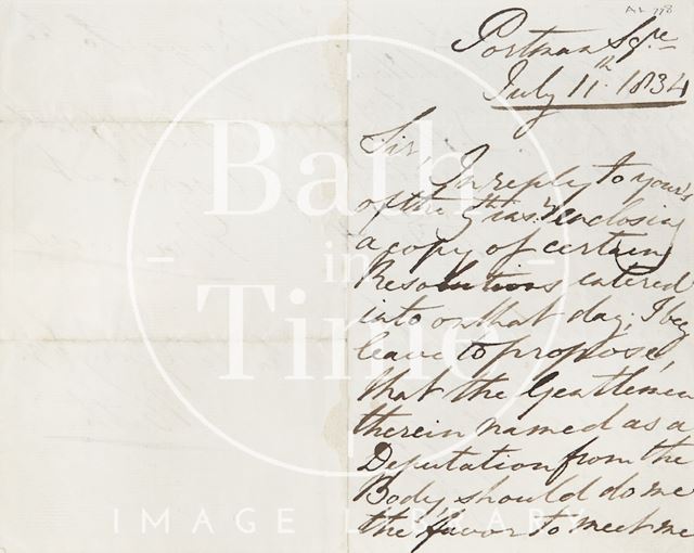 Letter from Earl Manvers about North Parade Bridge, Bath 1834