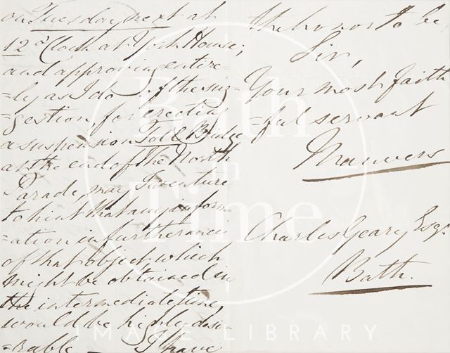 Letter from Earl Manvers about North Parade Bridge, Bath 1834 - verso