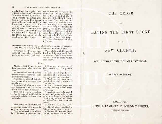 The Order of Laying the First Stone of a New Church, South Parade, Bath 1861