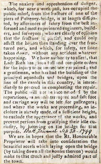 Fracture of pier of Pulteney Bridge, Bath 1799