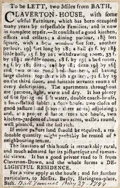 To Be let, two Miles from Bath, Claverton House 1799