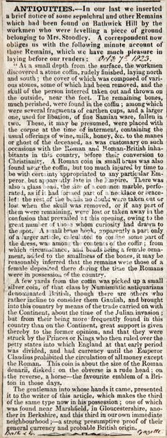 Antiquities remains found on Bathwick Hill, Bath 1823