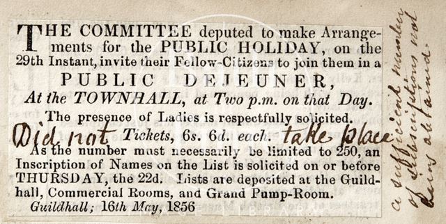 Invitation to Public Breakfast, Guildhall, Bath 1856