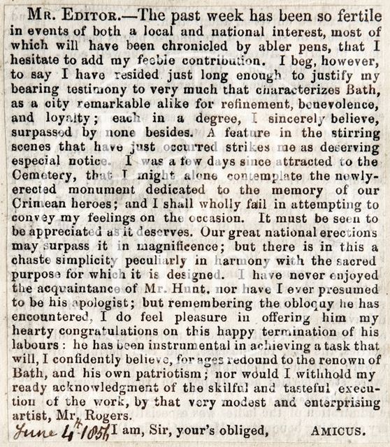 Letter to the Editor concerning peace celebrations, Bath 1856