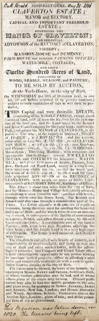 Advertisement for the sale of Claverton Estate 1816