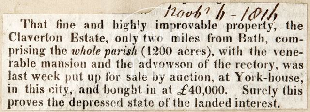 Auction of Claverton Manor and Estate 1816