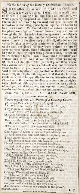 Letter from a Female Rambler concerning Claverton 1815