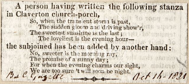 Claverton Church poetry 1821