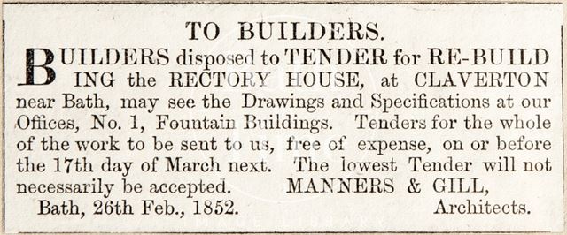 Advertisement to rebuild Claverton Rectory 1852