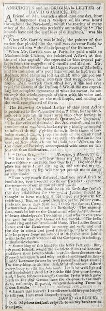 Anecdotes and original Letter of David Garrick Esq. 1770