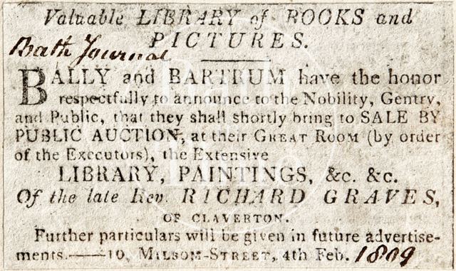 Auction of valuable Library of Books and Pictures, the Late Revd. Richard Graves 1809