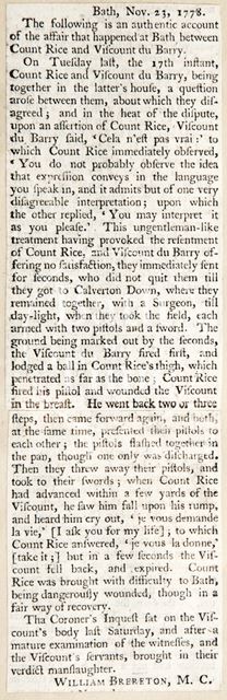 Duel between Count Rice and Viscount Du Barry, Claverton Down, Bath 1778