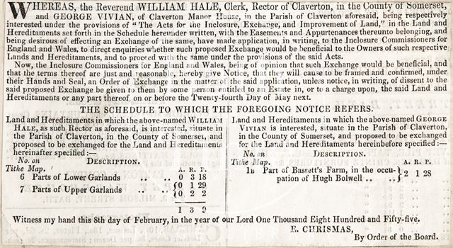 Claverton land exchange 1855